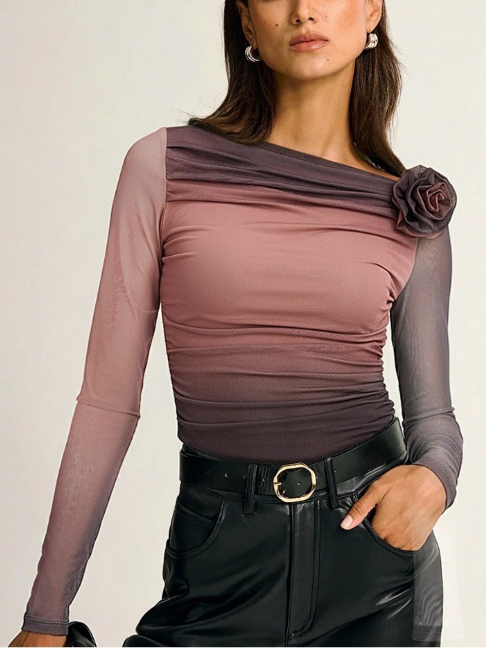 Commense 3D Rose Detail Ombre Mesh Off-Shoulder T-Shirt